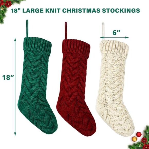 Knit Christmas Stockings with Name Tags, 3 Pack 18" Large Cable Xmas Stockings - Picture 5 of 7